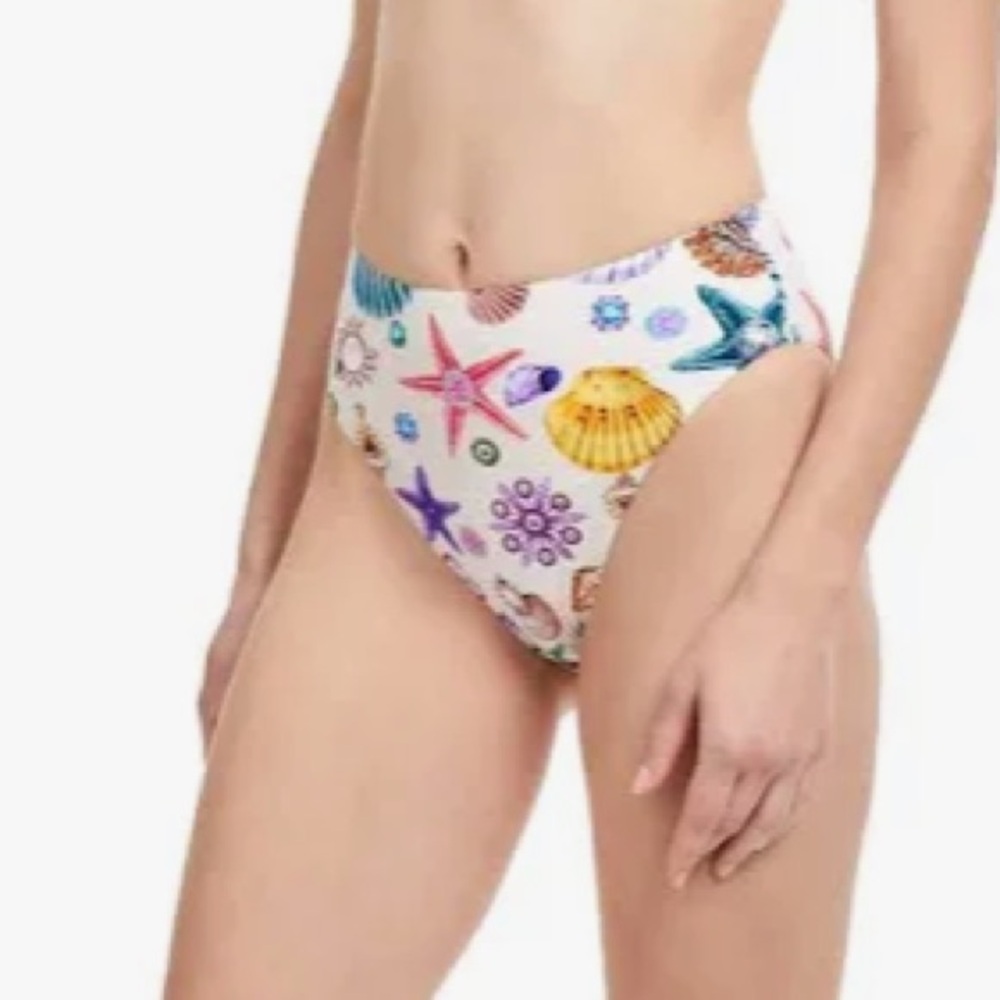 NWT GOTTEX white sands Colorful Seashell Print high waist Bikini Bottom size 10